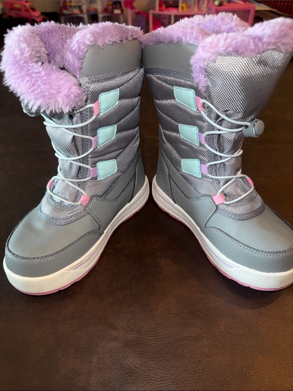Girls' Gray Winter Boots with Lavender Fur Trim